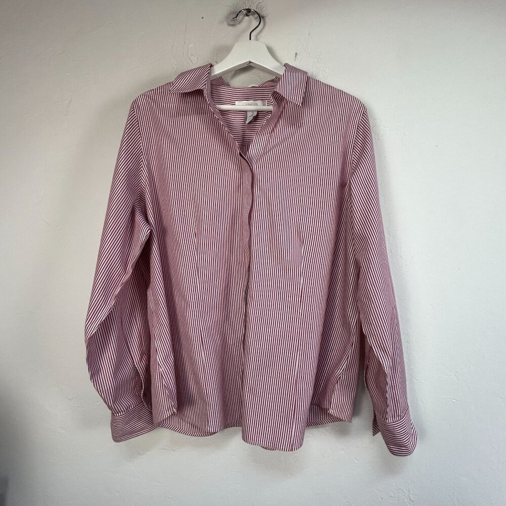 Chico's Womens No-Iron Red & White Metallic Striped Button-Down Shirt Top Size 2